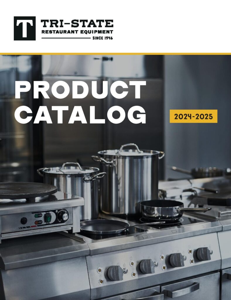 Cover of the catalog features Tri-State logo, and says 'Product Catalog 2024 - 2025.' Background image is of clean kitchen.
